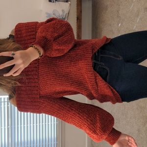 Pink Rose large l off shoulder rust burnt orange ribbed balloon sleeve sweater